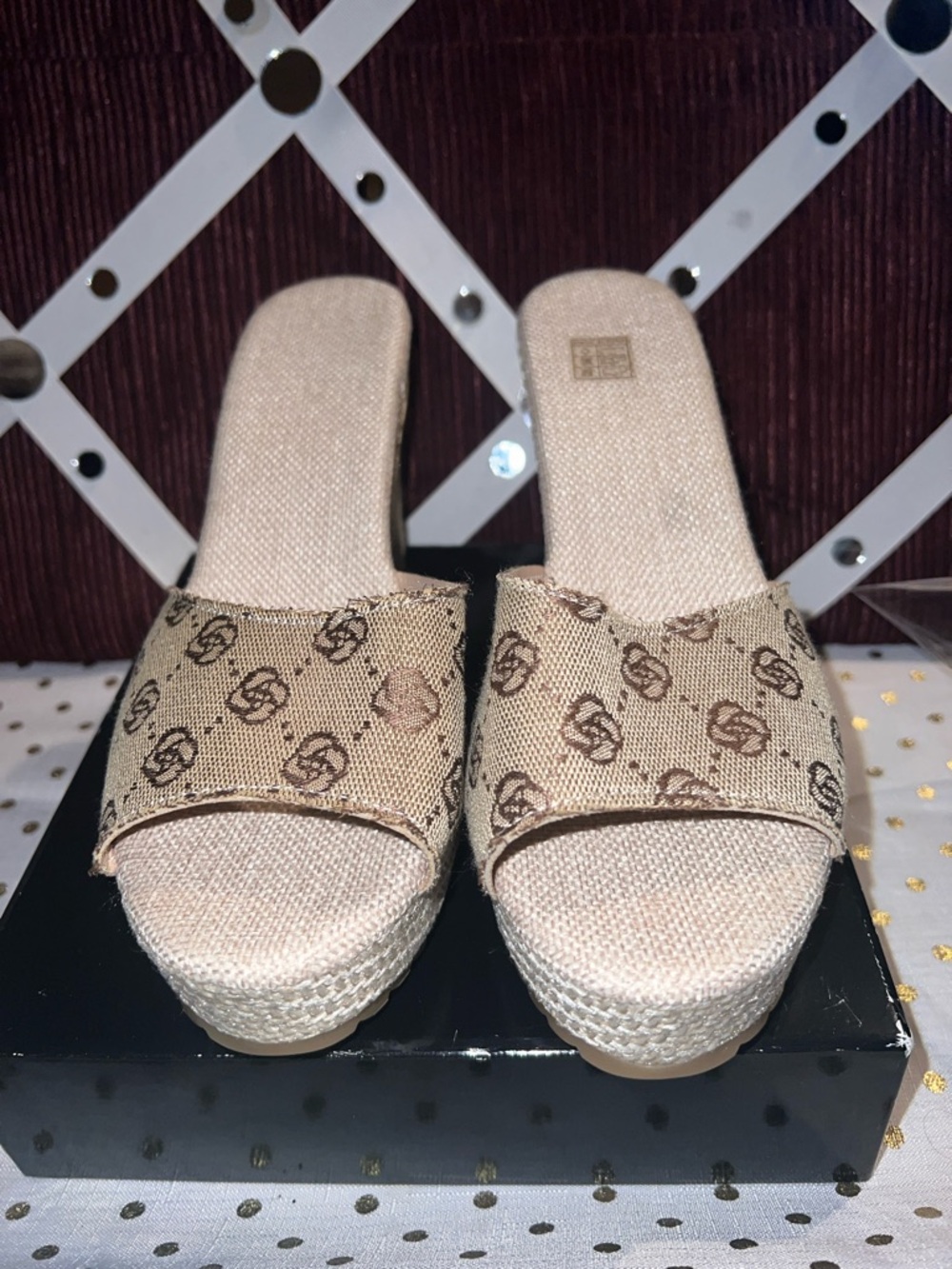 Beige Patterned Slide Wedge Sandals - Women
